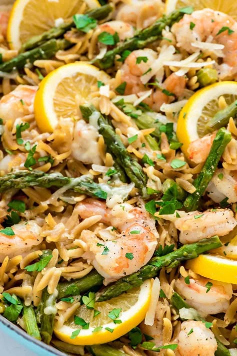 Lemon Shrimp Pasta {One Pot Recipe!} - WellPlated.com Orzo And Asparagus, Orzo Shrimp, Orzo Asparagus, Lemon Shrimp Pasta, Shrimp Asparagus, Shrimp Orzo, Tender Asparagus, Lemon Butter Salmon, Resep Pasta