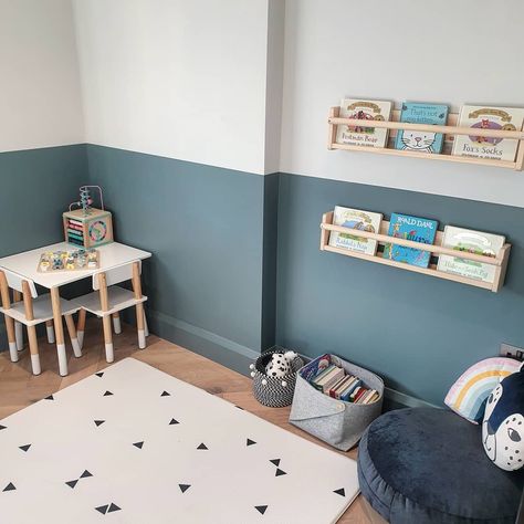 Color Block Playroom, Half Painted Wall Playroom, Play Room Painting Ideas, Blue Color Block Wall, Playroom Accent Wall Color, Blue Half Wall Bedroom, Blue Playroom Walls, Toddler Boy Room Blue Walls, Blue Playroom Ideas