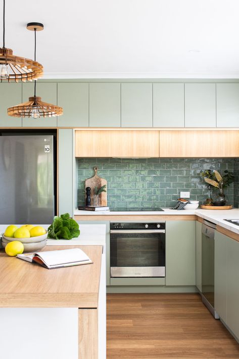 Subway Tile Layout, Glossy Kitchen, Green Backsplash, Sage Green Kitchen, Tile Layout, Green Kitchen Cabinets, Classic Tile, Flat Panel Cabinets, Backsplash Designs