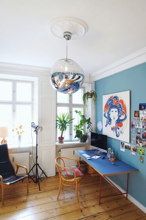 Creative Work Spaces, Gravity Home, Colorful Apartment, Creative Workspace, Work Spaces, Tom Dixon, Scandinavian Home, Scandinavian Interior, Blue Walls