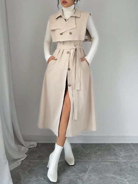 2-In-1 Detachable Windbreaker Jacket Set Khaki       Non-Stretch  Women Clothing, size features are:Bust: ,Length: ,Sleeve Length: Trend Coat, Modest Dresses Casual, Blazer Set, Classy Work Outfits, Easy Trendy Outfits, Classy Casual, Modest Fashion Outfits, Matching Family Outfits, Casual Style Outfits