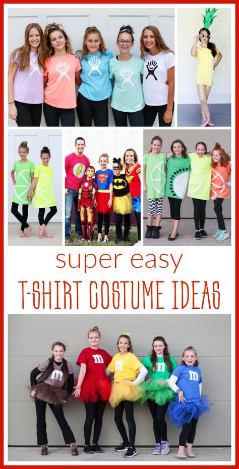 Last-minue costume ideas! We've often made costumes with tshirts - easy and simple and cute! Here are ideas for Easy T-shirt Costumes. Diy Costumes For Groups, Group T Shirt Costume Ideas, Easy Super Hero Costumes, Co Teacher Halloween Costumes, Work Group Halloween Costumes For Adults, Group Teacher Costumes, Coworker Halloween Costumes, Easy Family Costumes, Work Group Halloween Costumes