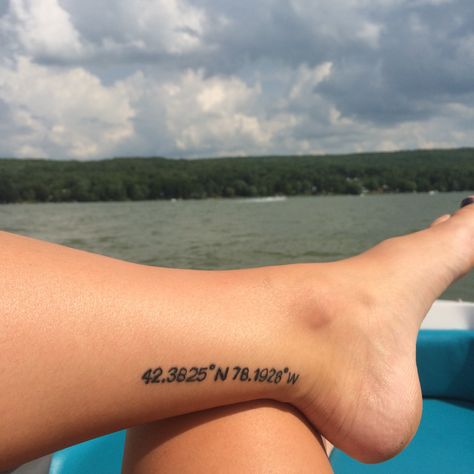 Longitude latitude tattoo of Rushford Lake Coordinates Tattoo Placement Ankle, Lake Inspired Tattoo, Longitude Latitude Tattoo, Beach Coordinates Tattoo, Lake Tatoos, Latitude And Longitude Tattoo, Lake Tattoo Simple, Lake Superior Tattoo, Latitude Tattoo