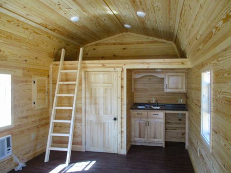 Beautiful Cabins Interior, Shed Homes Interior, Tiny Cabins Interiors, Shed House Interior, Pre Built Cabins, Lofted Cabin, Lofted Barn Cabin, Shed Cabin, Shed Interior