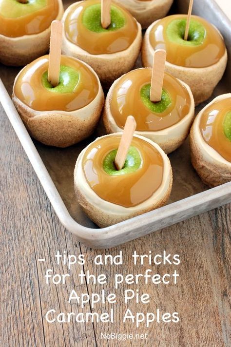 learn all the tips and trick for the perfect Apple Pie Caramel Apples | NoBiggie.net Brownie Desserts, S'mores, Think Food, Muffin Tins, Caramel Apple, Yummy Sweets, Eat Dessert, Apple Recipes, Caramel Apples