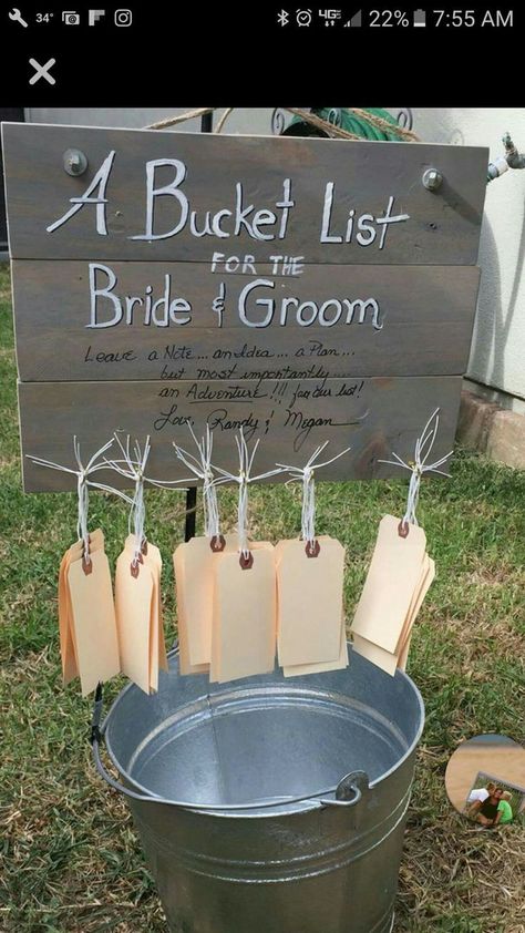 Bride And Groom Bucket List, Wedding Ideas Country Outdoor, Wedding Prizes For Games, Wedding Bucket List Ideas, Bucket List Wedding Sign, Wedding Guest Games Activities, Bucket List Wedding Guest Book, Bucket List For Bride And Groom, Bonfire Wedding Ideas