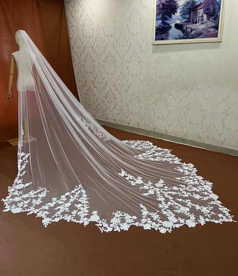 this one is customized shape veil with floral lace around the edge,the lace can be changed with others to match your dress,also the length can be customized Vail For Wedding Dress, Extra Long Wedding Veils, Long Floral Veil, Bridal Veil Ideas, Bridal Vale, Floral Veil Wedding, Wedding Veil Ideas, Long Wedding Veils, Bridal Vail