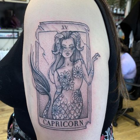 Capricorn Tarot Card Tattoo, Female Capricorn Tattoo, Scorpio Capricorn Tattoo, Capricorn Goddess Tattoos For Women, Unique Capricorn Tattoo Ideas, Capricorn Goddess Tattoo, Capricorn Tattoo For Women, Capricorn Symbols, Capricorn Tarot Card