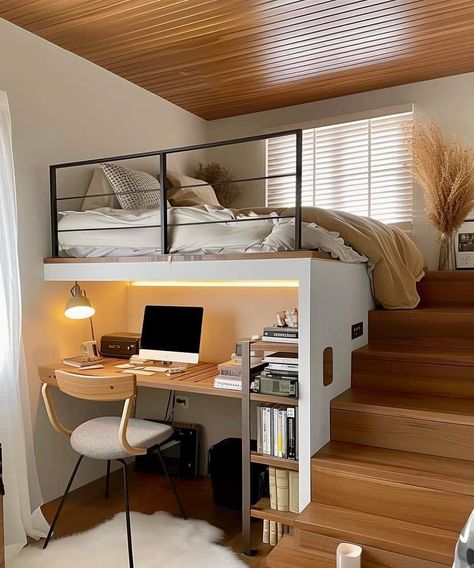 Cozy Loft Bedroom Ideas, Bunk Bed With Desk And Stairs, Bunk Beds Desk Underneath, Bed Mezzanine Small Rooms, Loft Bed In Closet, Bunk Desk Bed, Tiny Bedroom Loft Bed, High Bed Ideas Small Room, Studio With Loft Bed