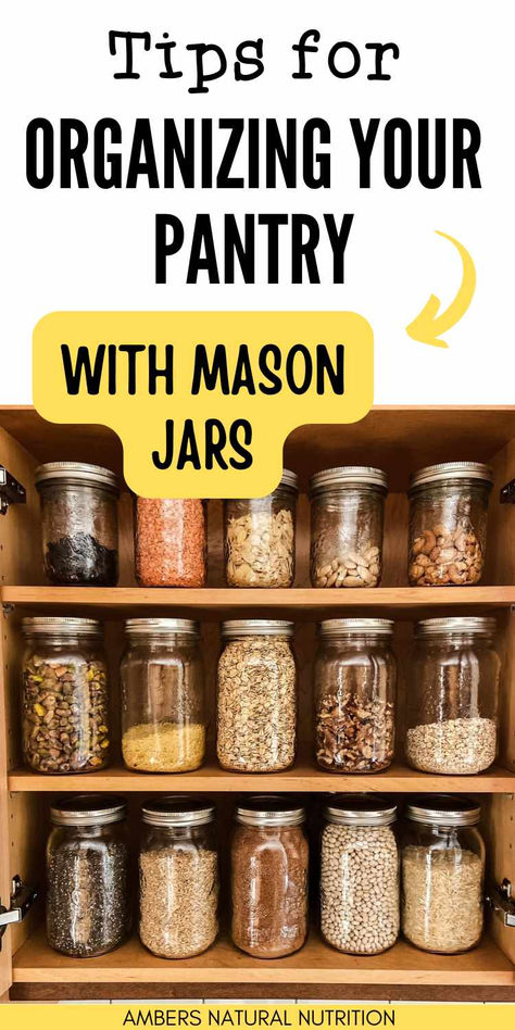 3 organized kitchen cupboard shelves with mason jars full of dried foods for storage. Kitchen Organization Mason Jars, Pantry With Glass Jars, Seasoning Jars Ideas, What To Store In Mason Jars, Repurpose Mason Jars, Pantry Glass Jars Food Storage, Mason Jar Pantry Organization, Mason Jar Kitchen Storage, Mason Jar Spice Storage