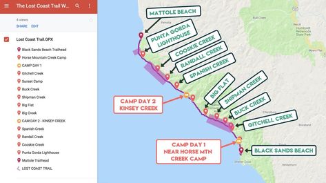 Key points along the Lost Coast Trail map Lost Coast Trail, Pch Road Trip, California Trail, California Hikes, Havasu Falls, California Coastline, Trail Map, Hiking Destinations, Backpacking Tips