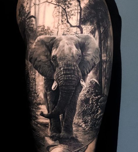 Elephant Jungle Tattoo, Elephant Skull Tattoo, African Safari Tattoo, Animal Leg Sleeve Tattoo, Elephant Tattoos Men, Jungle Tattoo Design, Jungle Tattoo Sleeve, Jungle Theme Tattoo, Elephant Art Tattoo