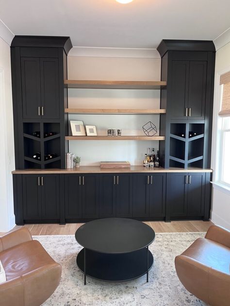 Built in Bars - Autumnwood Designs Living Room Bar Built In, Wall Bar Cabinets, Built In Wall Unit Dining Room, Snack Bar Ideas Basement, Bar With Bookshelves, Black And Wood Built In Shelves, Social Room Ideas, Built In Shelves With Bar, Black And Wood Built In