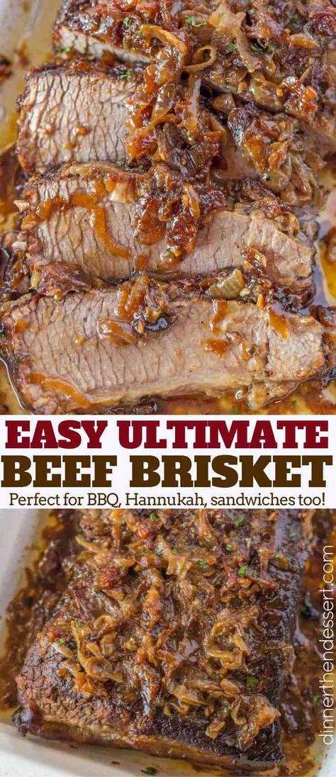 This is the easiest, Ultimate Brisket topped with Caramelized Onions you'll ever make and it is simple enough for a regular family meal but flavorful enough for a holiday meal! Jewish Brisket Recipes, Brisket Dinner, Jewish Brisket, Oven Cooked Brisket, Beef Brisket Recipe, Brisket Oven, Tender Brisket, How To Cook Brisket, Caramelized Onions Recipe