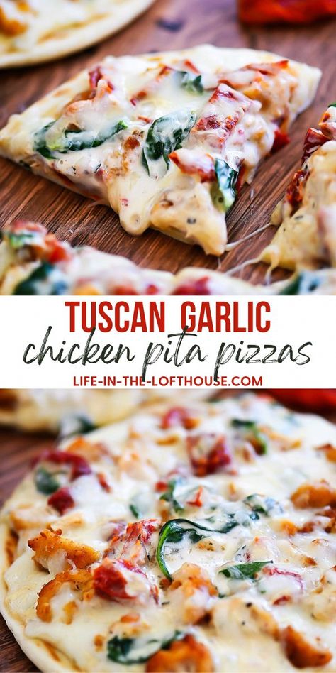 Tuscan Garlic Chicken Pita Pizzas are loaded with chicken, sun-dried tomatoes, and cheese over a creamy garlic Alfredo sauce. These personal pizzas are so delicious and simple to prepare! #CheesyPizzaMelts Tuscan Chicken Pizza, Pizza Melts, Garlic Alfredo Sauce, Personal Pizzas, Tomatoes And Cheese, Tuscan Garlic Chicken, Pita Pizzas, Chicken Pita, Cheesy Pizza