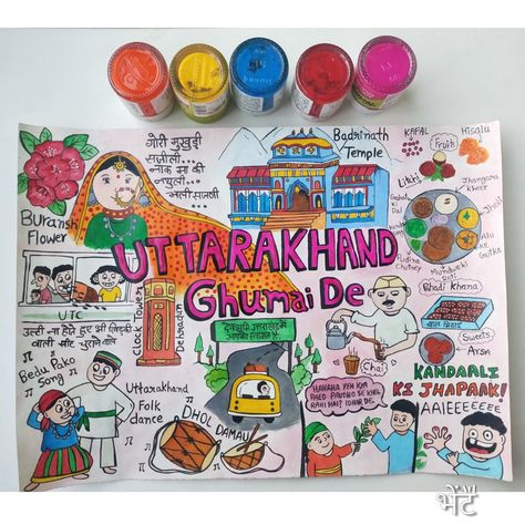 Uttrakhand Culture Drawing, Doodle Art Indian Culture, Uttarakhand Culture Painting, Uttarakhand Drawing, Desi Journal Ideas, Uttrakhand Art, Indian Doodle, Place Painting, Art Competition Ideas