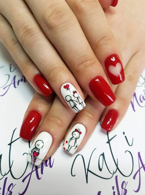 Valentines Day Nails Cartoon, Nails Sveti Valentin, Unusual Valentines Day Nails, Character Nail Art Valentines, Valentine Nails, Valentines Day Nails Graffiti, Crazy Nail Art, Nails Polish, Valentine Nail Art