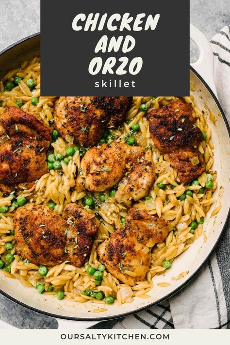 Orzo Recipes With Chicken, One Pot Chicken And Orzo, Orzo Parmesan, Orzo Recipes Healthy, Orzo With Peas, Chicken Receipe, Chicken Orzo Pasta, Chicken Thighs In Oven, One Pot Orzo