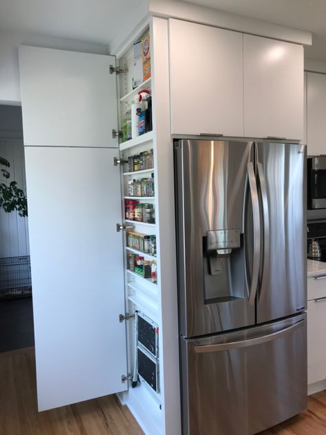 Fridge Without Cabinets Around It, Refrigerator Cabinet Surround Ideas, Side Of Fridge Storage, Cabinet For Spices, Fridge Cabinet Surround, Fridge Side Panel, Refrigerator Cabinet Surround, Side Of Fridge, Bathroom Organic Modern