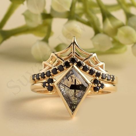 >Item Details:---- *Metal :-  925 Sterling Silver gem Stone:- Natural Black Rutile/ 7x10 mm > Gem stone :- 1.5 mm black zirconia >Plating  Availability:-  White Rhodium plating/Yellow Gold Plating/Rose Gold Plating. >Product Category:-- Wedding Ring, Engagement Ring, Promise Ring, Anniversary Gift  >  CUSTOM  ORDER<   We can create almost any ring , earrings , necklace you desire with high quality and   affordable price. please message us for details. curved wedding bands can be customized for y Alternative Wedding Ring Set, Dark Romantic Wedding Ring, Dark Wedding Rings Women, Black And Red Engagement Ring, Gothic Gold Jewelry, Goth Wedding Rings, Halloween Rings Jewelry, Gothic Wedding Theme, Spider Ring