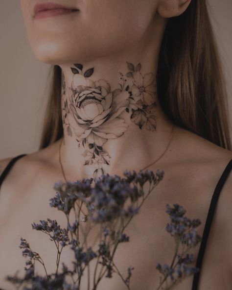 Neck Tattoo Minimal, Neck Throat Tattoos Women, Chest Neck Tattoo, Flower Neck Tattoo, Front Neck Tattoo, Full Neck Tattoos, Girl Neck Tattoos, Side Neck Tattoo, Mastectomy Tattoo