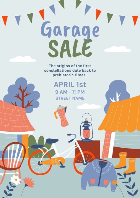 Hand-drawn Bike & Sweater Garage Sale Poster Garage Sale Templates Free, Garage Sale Flyer Template Free, Garage Sale Poster Design, Summer Sale Poster Design, Garage Sale Aesthetic, Sale Poster Design Marketing, Yard Sale Poster, Garage Sale Ideas, Garage Sale Advertising