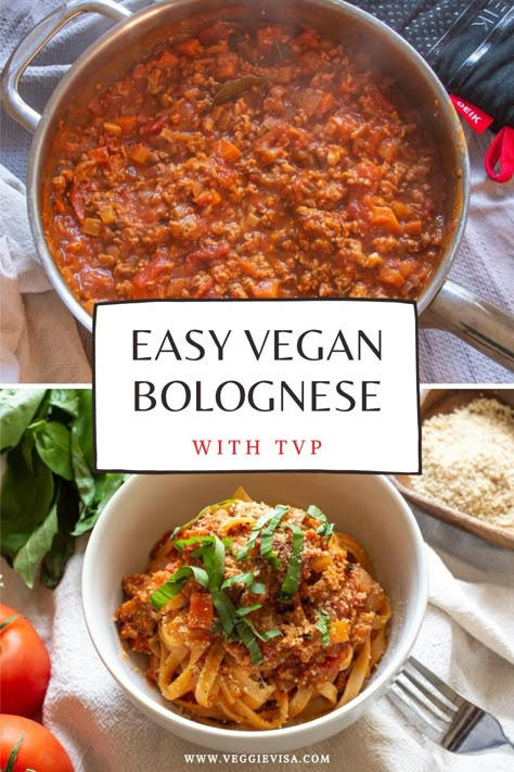 Vegan bolognese sauce in a pan, and plated with pasta, basil, and vegan parm. Bolognaise Recipe, Authentic Bolognese, Tvp Recipes, Pasta Bolognese Recipe, Ella Vegan, Vegan Bolognese Sauce, Vegan Sauce Recipes, Vegan Pasta Sauce, Spaghetti Bolognese Recipe