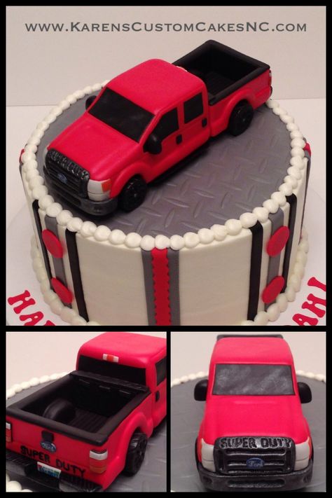 Ford pickup truck cake topper made from rice cereal treats and fondant (back end contains foam core). Sits atop a 9" cake. Truck Cake Topper, Truck Birthday Cakes, Tractor Cake, Car Cakes, Truck Images, Cars Birthday Cake, Truck Cake, Truck Cakes, Monster Trucks Birthday Party