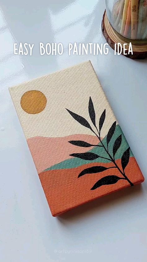 Small Canvas Easy Painting Ideas, Home Decor Canvas Painting Easy Diy, Painting Aesthetic For Beginners, Easy Canvas Painting For Home Decor, Easy Minimalist Paintings For Beginners, Boho Mini Canvas Art, Aesthetic Painting Ideas For Beginners, Painting Refrence Ideas, Painting Ideas With Posca Pens