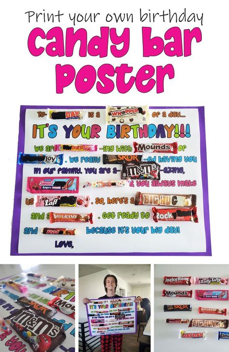 Here's a printable PDF download to make you very own birthday candy bar poster without hardly any effort. Just download and print the birthday poster PDF, buy your candy and attach. Super easy and your son, daughter, husband or wife will thank you later. candy gram | candy poster | birthday candy poster | birthday decorations | kids birthday gift ideas Candy Posters Birthday, Birthday Candy Poster For Husband, Birthday Candy Card Ideas, 50th Birthday Candy Bar Poster, 13 Birthday Candy Poster, Birthday Poster With Candy Bars, 30th Birthday Candy Poster, 70th Birthday Candy Bar Poster, 18th Birthday Candy Poster