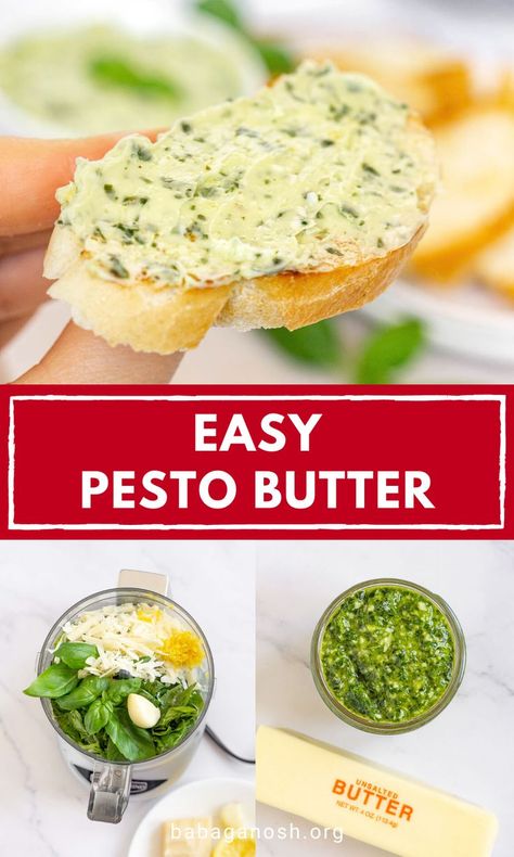 Roasted Garlic Pesto Recipe, How To Make Basil Pesto Homemade, Baguette, Essen, Basil Pesto Hummus Recipe, Butter Pesto Pasta, Seasoned Butter For Bread, Basil Pesto Bread Recipe, Basil Compound Butter