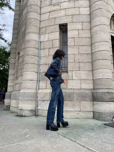 cool boy wearing an all denim outfit with platform boots in front of a vintage building Platform Boots With Pants, Baggy Jeans With Platform Boots, Zip Up Boots Outfit, Platform Boots And Jeans Outfit, Chunky Boot Outfit Ideas, Black Platform Heel Boots Outfit, Black Platform Boot Outfit, Denim Platform Boots, Platform Boots Jeans Outfit