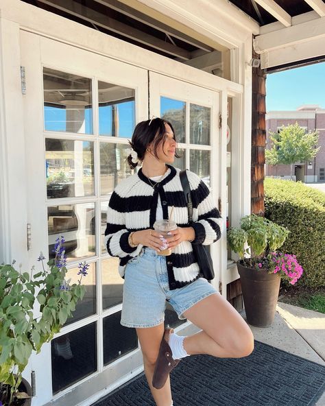 out ‘n about 🖤 wearing: cardigan: @sezane shorts: @abercrombie shoes + bag: amazon sunnies: @princesspollyboutique full outfit on stories + LTK ! Shorts And Cardigan Outfit, Sezane Shorts, Cardigan And Shorts Outfit, Cardigan Outfit Fall, Cardigan And Shorts, Striped Shorts Outfit, Mini Cardigan, Cardigan Outfit, Fall Shorts