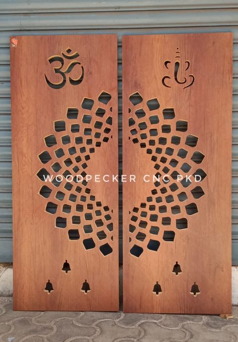 Pooja Room Doors Modern, Mdf Jali Design For Mandir Door, Mandir Door Jali Design, Mandir Jali Door Design, Cnc Design Pattern Modern Door, Pooja Room Door Cnc Design, Om Jaali Design, Cnc Pooja Door Design Modern, Mandir Cnc Design