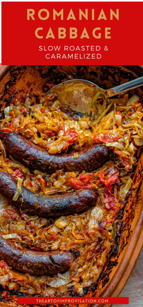 This Romanian style slow roasted caramelized cabbage is the caramelized onion of the cabbage world. It’s sweet, spicy, smokey, tangy, and full of complex flavours. Through the magic of slow roasting, plain cabbage is transformed into a decadent comfort food that can be served over cornmeal porridge, in a bun, with potatoes, or even with noodles. Slow Roasted Cabbage, Caramelized Cabbage, Cornmeal Porridge, Easy Main Dishes, Fermented Cabbage, Roasted Cabbage, One Pan Dinner, Slow Roast, Caramelized Onion