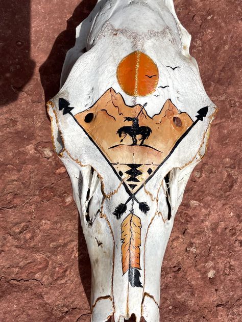 Decorate your home with this Nature Cleaned, Hand Painted Cow Elk Skull. Perfect for any Southwestern style. Painting A Skull, Paint Deer Skull, Painting Animal Skulls, Painted Coyote Skull, Painted Deer Skulls Ideas, Painted Buffalo Skull, Deer Skull Painting Ideas, Painted Cow Skull Ideas, Painted Skull Ideas