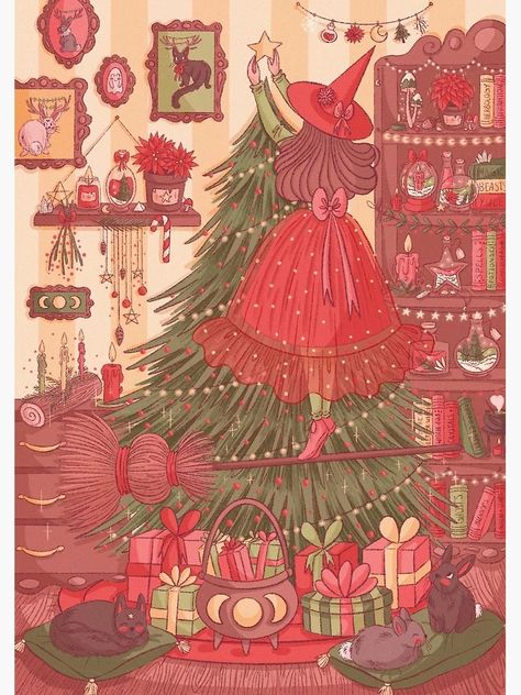 "Christmas Witch, Witchy, Witchcraft, Broom, Cat, Magical, Witchy Art" Greeting Card for Sale by MarigonaSuliArt | Redbubble Witchy Christmas, Christmas Witch, Yule Tree, Witchy Art, New Year Art, Scene Drawing, Cat Greeting Cards, Xmas Wallpaper, Cute Christmas Wallpaper