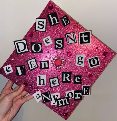 Heathers Graduation Cap, Girly Grad Caps, Fnaf Graduation Cap, Grad Cap Inspo 2024, Graduation Cap Pink, Girly Graduation Cap, Unique Graduation Cap Designs, Grad Cap Ideas, Grad Hats