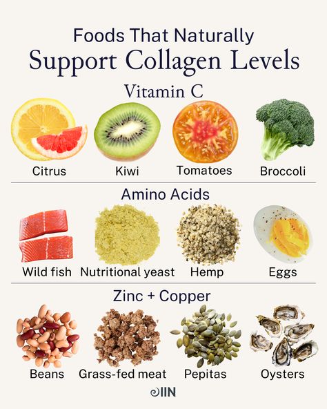 Food is medicine ➡️ Food is skincare! Healthful, glowing skin isn't all lotions, potions, and lasers — it starts from the inside out.⁠  These are the top 12 foods that naturally support collagen levels. Save this! ⁠ For more info on the best vitamins and nutrients for skin heath, click the link.  #nutritionschool⁠ #collagen #vitaminc #aminoacids #zinc #copper #grassfedmeat #nutritionalyeast #healthyeats #brainfood #skincare #healthynails ⁠ Collagen Boosting Foods, Collagen Rich Foods, Food Is Medicine, Rich Food, Vitamin C Supplement, Skincare 101, Grass Fed Meat, Food Health Benefits, Healthy Lifestyle Food