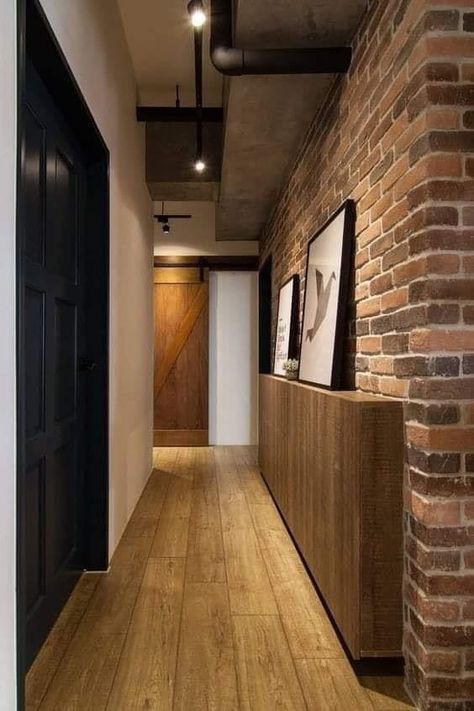 Industrial Hallway Ideas, House Corridor Design, Corridor Design Home, Home Interior Design Wall, Industrial Corridor, Column Decoration Ideas, Corridor Ideas, House Corridor, Industrial Hallway