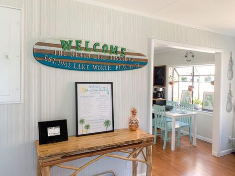 Customized Surfboard Sign With House Name - AirBnb Decor Tricks To Wow Your Guests Beach Rental Decor, Airbnb Decor Ideas, Decorate Airbnb, Backyard Cabin, Small Beach Houses, Airbnb Decor, Unique Backsplash, Airbnb House, Airbnb Design