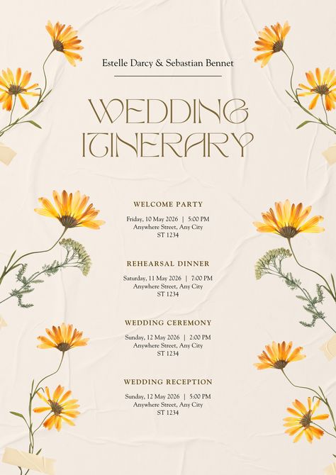 Experience elegance at its finest with our Beige Yellow Elegant Modern Wedding Itinerary! Join us as we embark on a journey filled with love and celebration. Don't miss out on this opportunity to be part of our special day. RSVP now and let's create unforgettable memories together! Itinerary Wedding, Wedding Itinerary Template, Elegant Modern Wedding, Wedding Itinerary, Itinerary Template, Unforgettable Memories, Wedding Invitation Design, Wedding Design, Modern Wedding