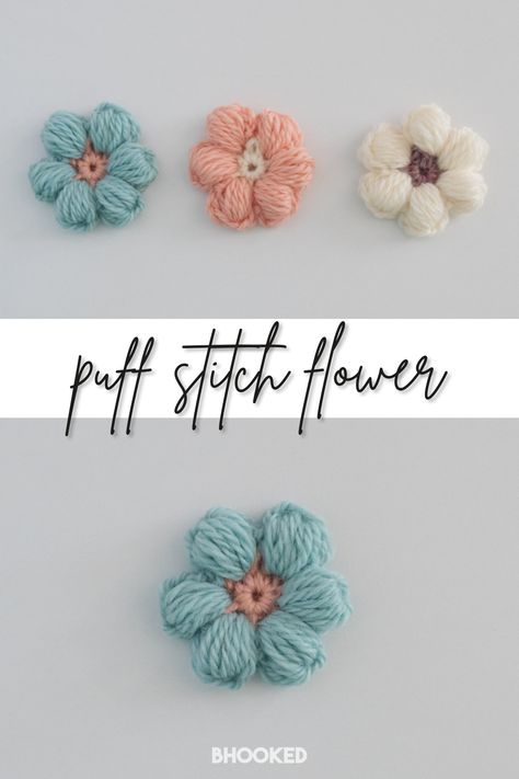 With this project you’ll get to practice your puff stitch skills and see how the tension can adjust the sizing of the flower petals. #BHooked #Crochet #HowToCrochet #CrochetProject #CrochetPattern #CrochetTutorial Puff Stitch Flower Crochet Pattern, Crotchet Flower Pattern, How To Make Puffy Crochet Flowers, How To Make A Crochet Puff Stitch, Crochet Puff Daisy Pattern Free, How To Crochet Puffy Flowers, Puff Stitch Crochet Flower, Free Puff Flower Crochet Pattern, How To Crochet Puff Flowers