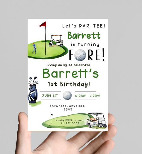 Let's PAR-TEE turning FORE birthday invitation, Fourth birthday party, golf theme, perfect for a little boy's birthday, customizable Dates Background, Fourth Birthday Party, Invitation First Birthday, Par Tee, Golf Birthday Party, Golf Theme, Golf Birthday, Fourth Birthday, Beautiful Invitations