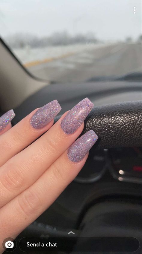 Acrylic Nails Shimmer Glitter, Solid Color Sparkly Nails, Shimmer Purple Nails, Pastel Purple Glitter Nails, Lavender Nails Sparkle, Shimmery Acrylic Nails, Purple Sparkle Acrylic Nails, Sparkly Nails Purple, Sparkly Lilac Nails