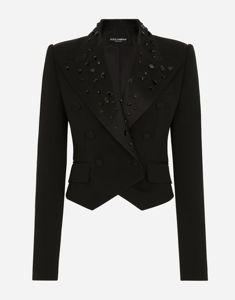 Cropped wool jacket with rhinestone details: Black Satin peak lapels with all-over rhinestones Long sleeves Flap pockets Silk satin lining Button fastenings The piece measures 46 cm from the center back on a size IT 40 The model is 175 cm tall and wears a size IT 40 Made in Italy Haute Couture, Couture, Crop Outerwear, Dolce Gabbana Jacket, Long Sleeve Outerwear, Wool Blend Jacket, Long Sleeve Blazers, Dolce E Gabbana, Cropped Blazer