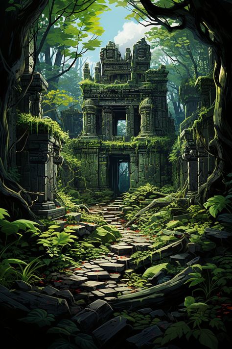 Abandoned Temple, Fantasy Landscape Art, Background Fantasy, Ancient Relics, Jungle Temple, Hidden Forest, Temple Ruins, Artistic Pictures, Rpg Map