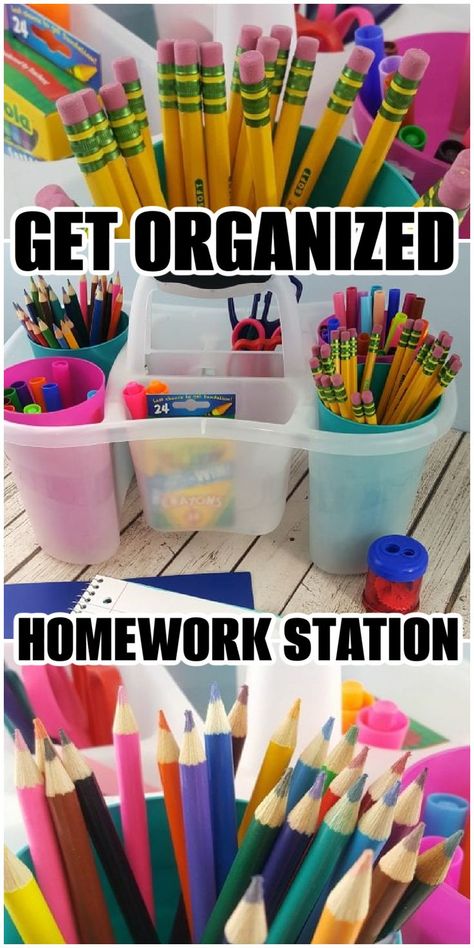 Simplify homework and school projects with this easy homework station supply caddy! Great for homeschooling, too! Homework Station Diy, Homework Caddy, Homework Organization, Homework Helpers, Homework Station, Kids Homework, School Homework, Back To School Kids, Kids' Desk