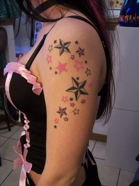 LOVE THIS! Instead of pink, prob blue Star Hip Tattoo, 2000s Tattoo Ideas, Lighting Tattoos, 2000s Tattoos, Star Tattoo Designs, Inspiration Tattoos, Tattoos Geometric, Aesthetic Tattoo