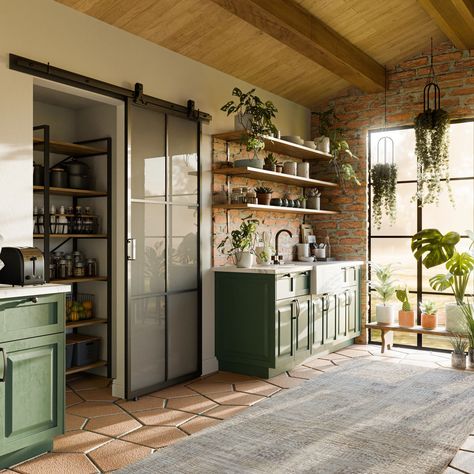 A cottage-style kitchen with slat ceiling, white walls, green cabinets, lots of plants and a sliding glass barn door leading into a pantry Oak Kitchens, Masonite Doors, Latest Kitchen Designs, Barn Door Kit, Organic Kitchen, Oak Kitchen Cabinets, Kitchen Design Trends, Brass Fixtures, Oak Kitchen